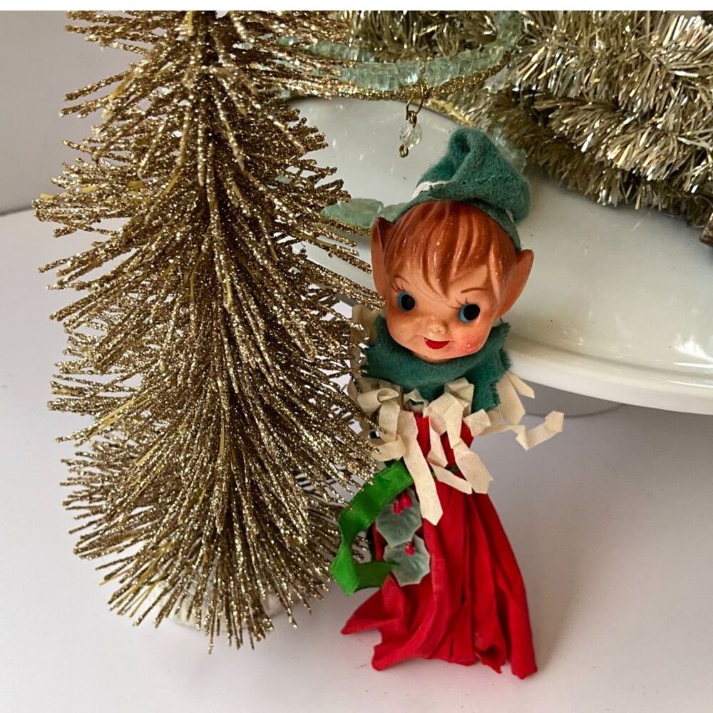 Vintage MCM pixie Christmas elf with crepe paper dress hard to find must see